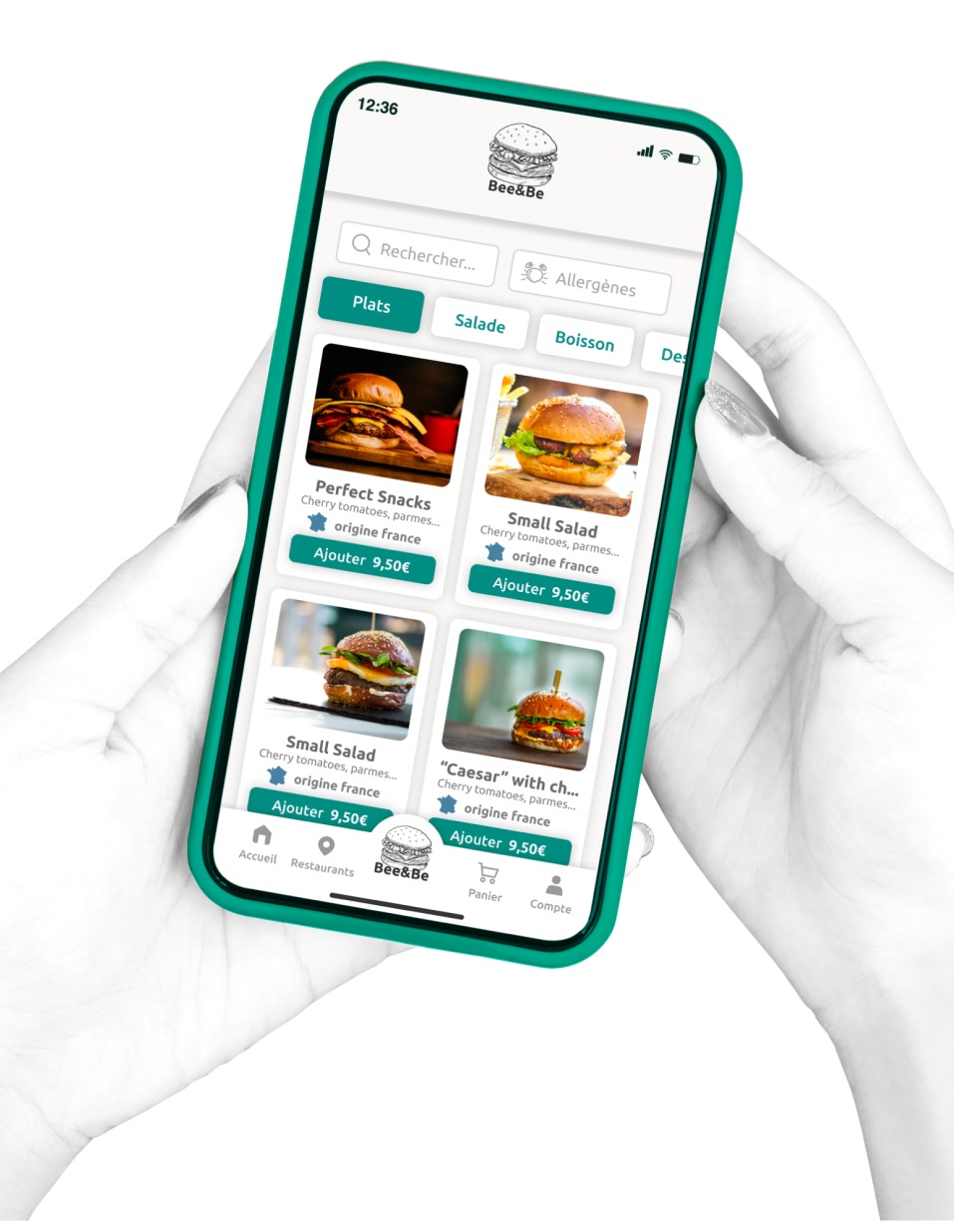 Personnes tenant un téléphone, écran affichant le menu d'une application de restauration